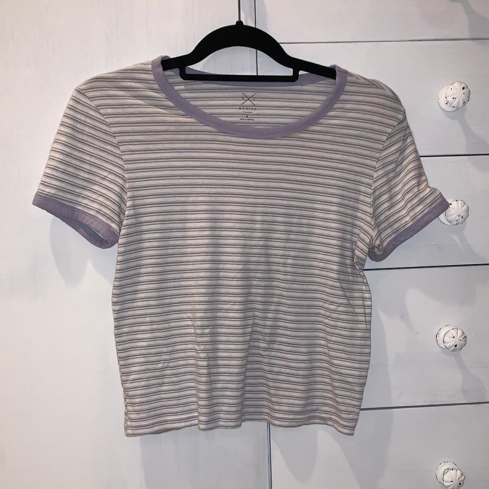 Lilac, gray, and white striped Pacsun Basics top
